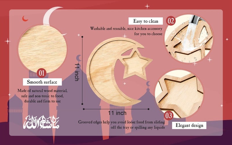 2pcs Ramadan Tray, Eid al-Fitr Tray, Ramadan Mubarak Wooden Dessert Tray, Star and Moon Tray, Ramadan Service Tray, Food Tray for Home Decor, Eid al-Fitr Mubarak Table Decoration - Image 4